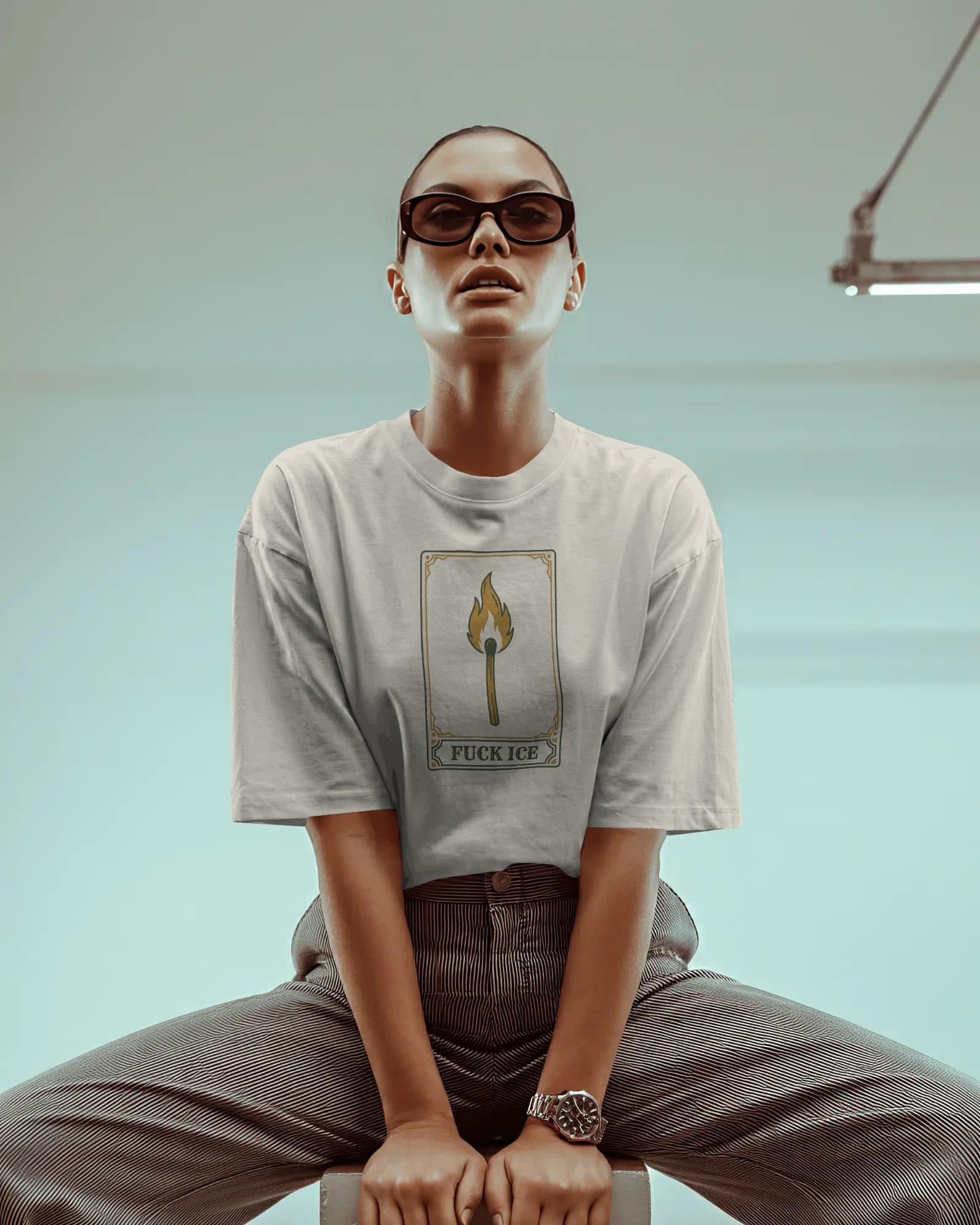 Fuck Ice Tee — tarot-style match design on snow washed grey oversized tee