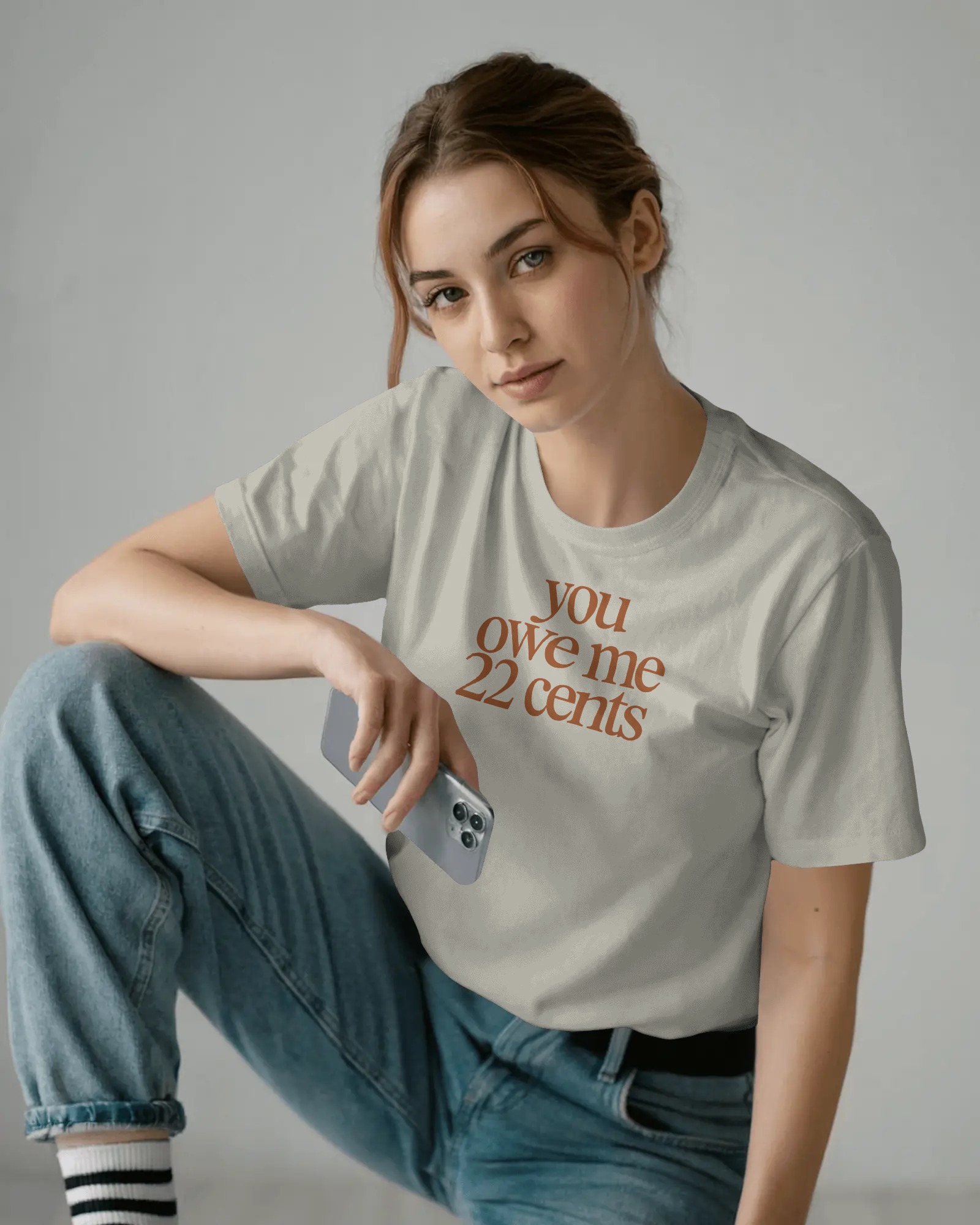 You Owe Me 22 Cents Tee — editorial portrait